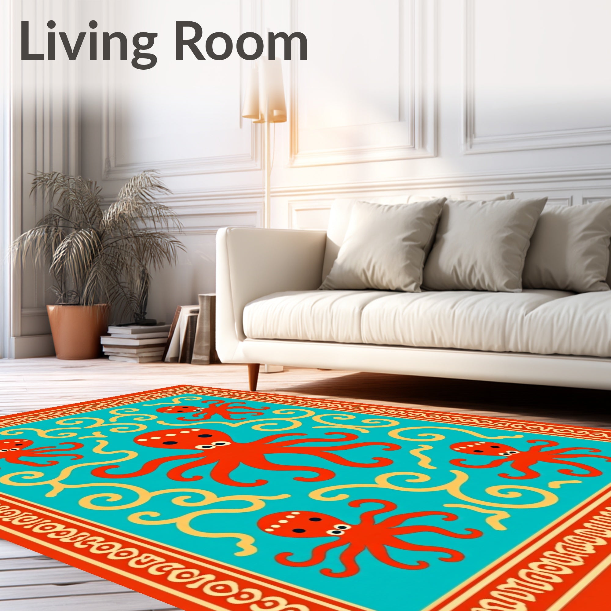 Red Octopus Turquoise Swirls Border Rug