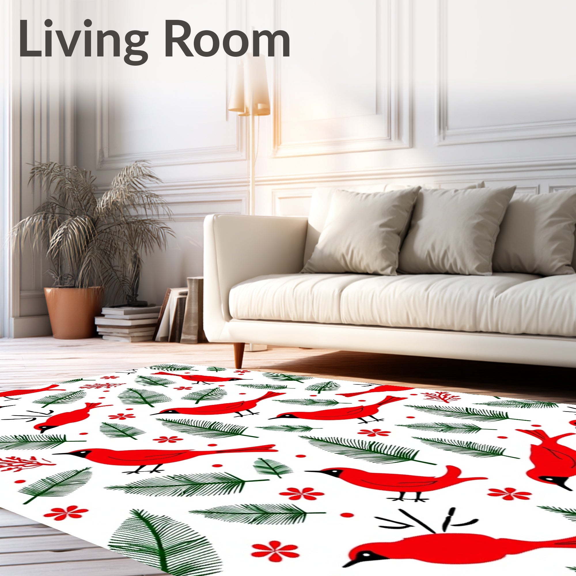 Red Cardinals Green Pine Sprigs Rug