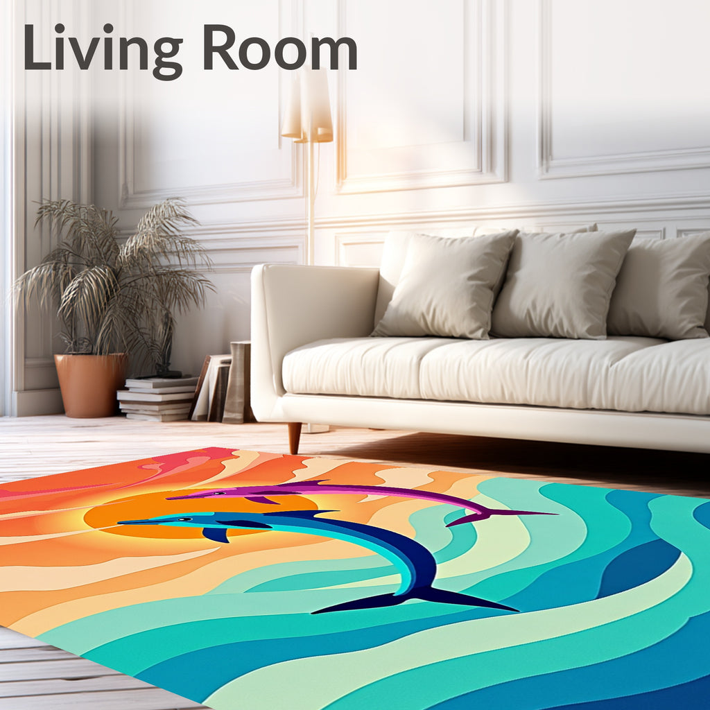 Vibrant Sunset Dolphin Ocean Waves Rug