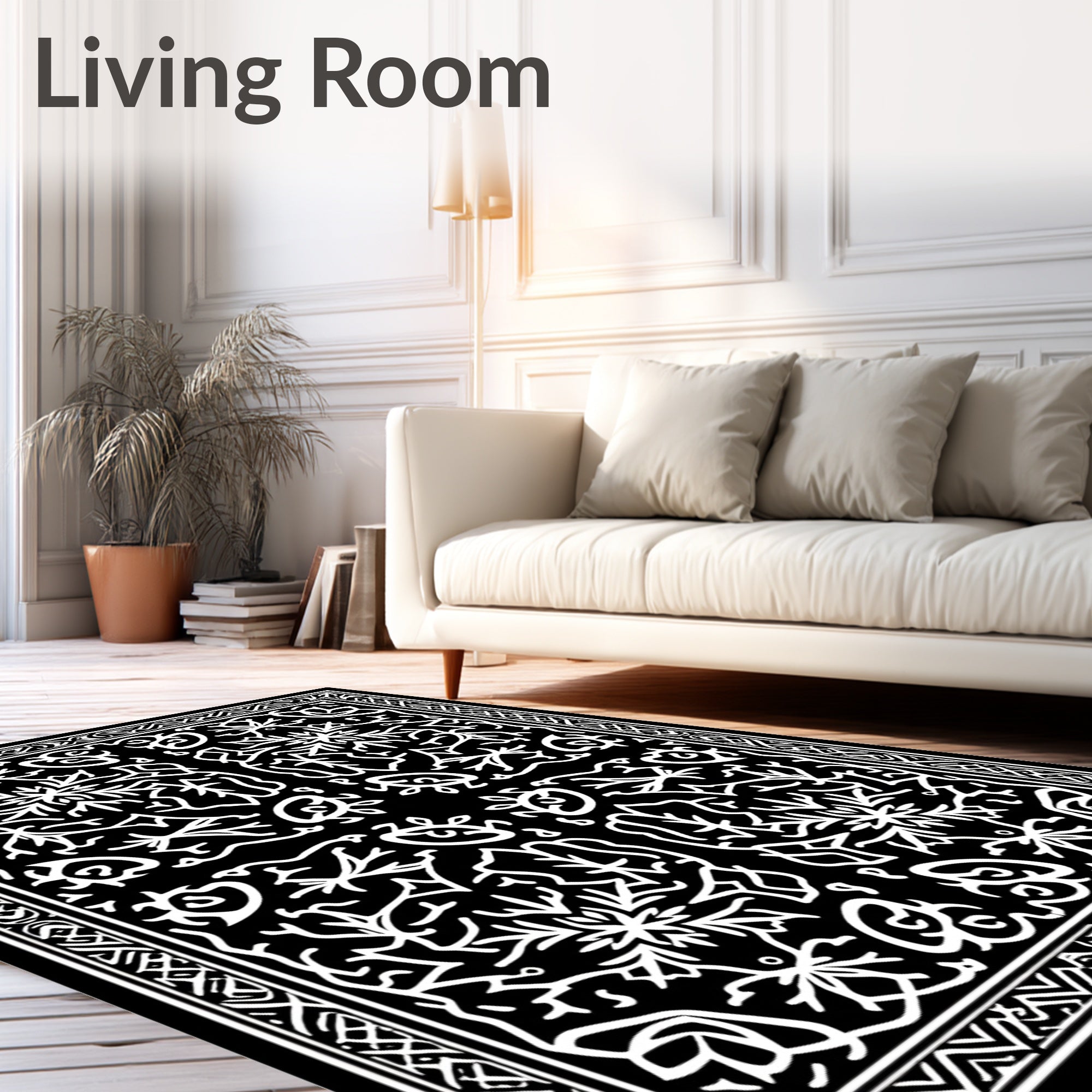 Celtic Inspired White Black Floral Rug
