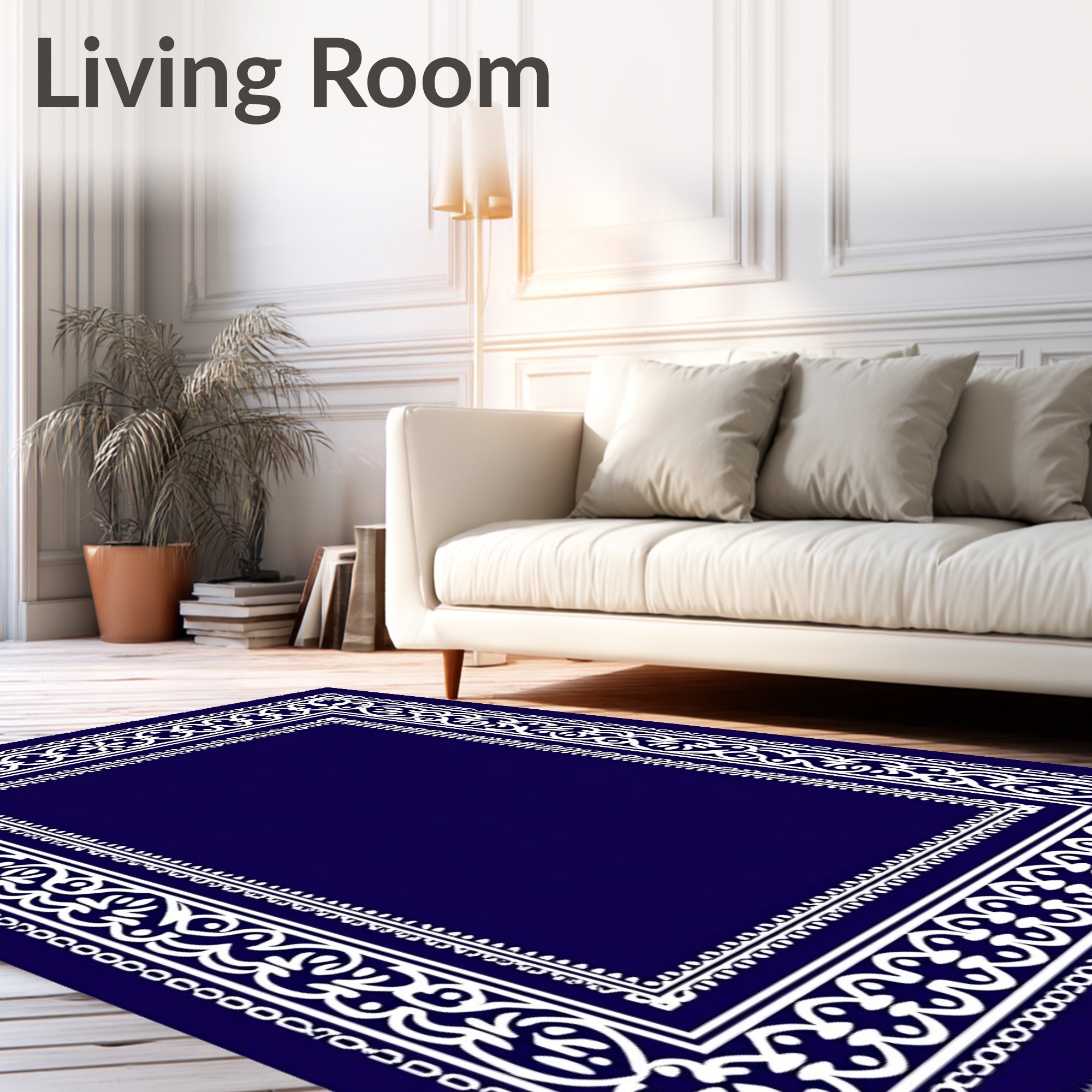 Deep Navy White Ornate Border Rug