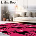 Black Deer White Snowflake Pink Background Rug