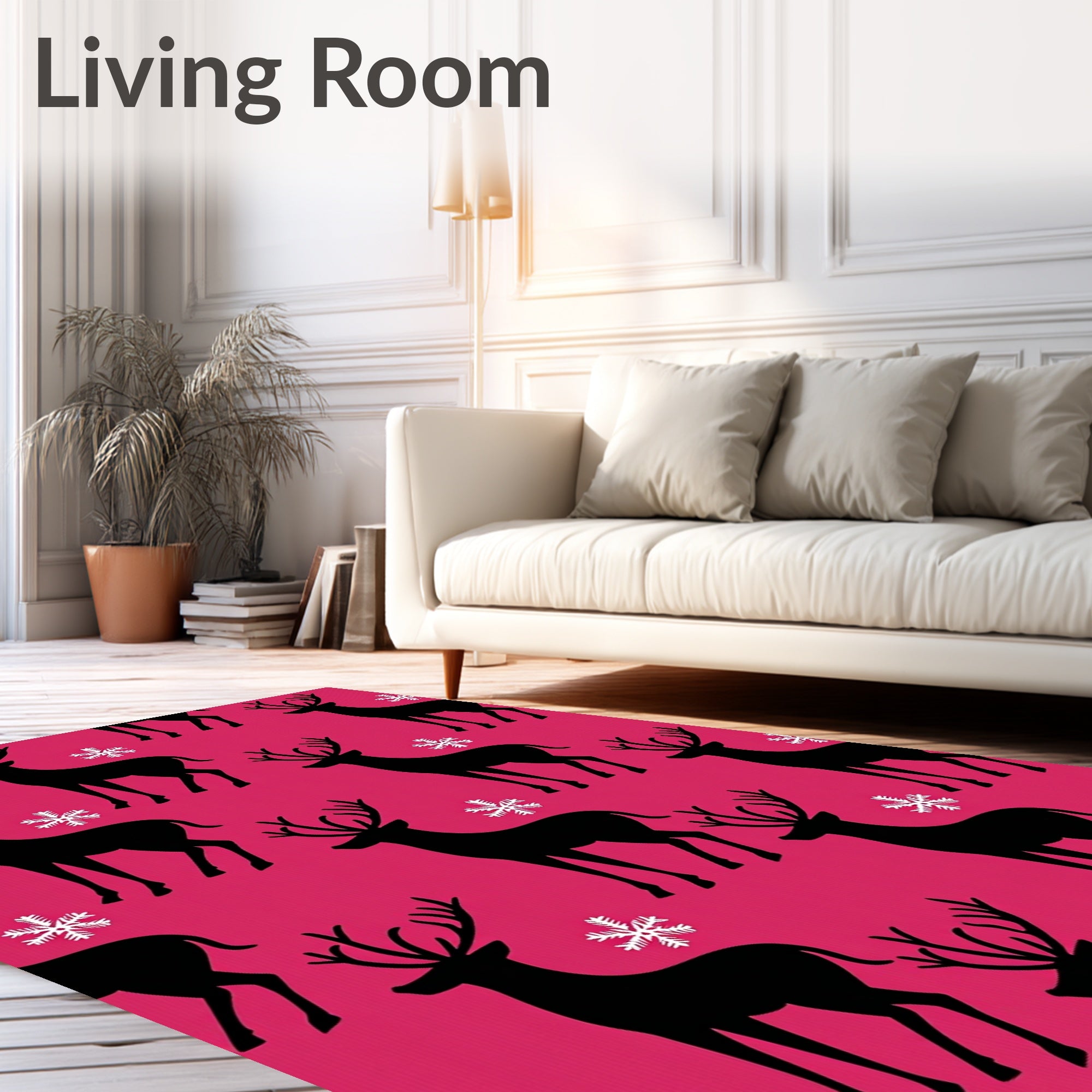 Black Deer White Snowflake Pink Background Rug