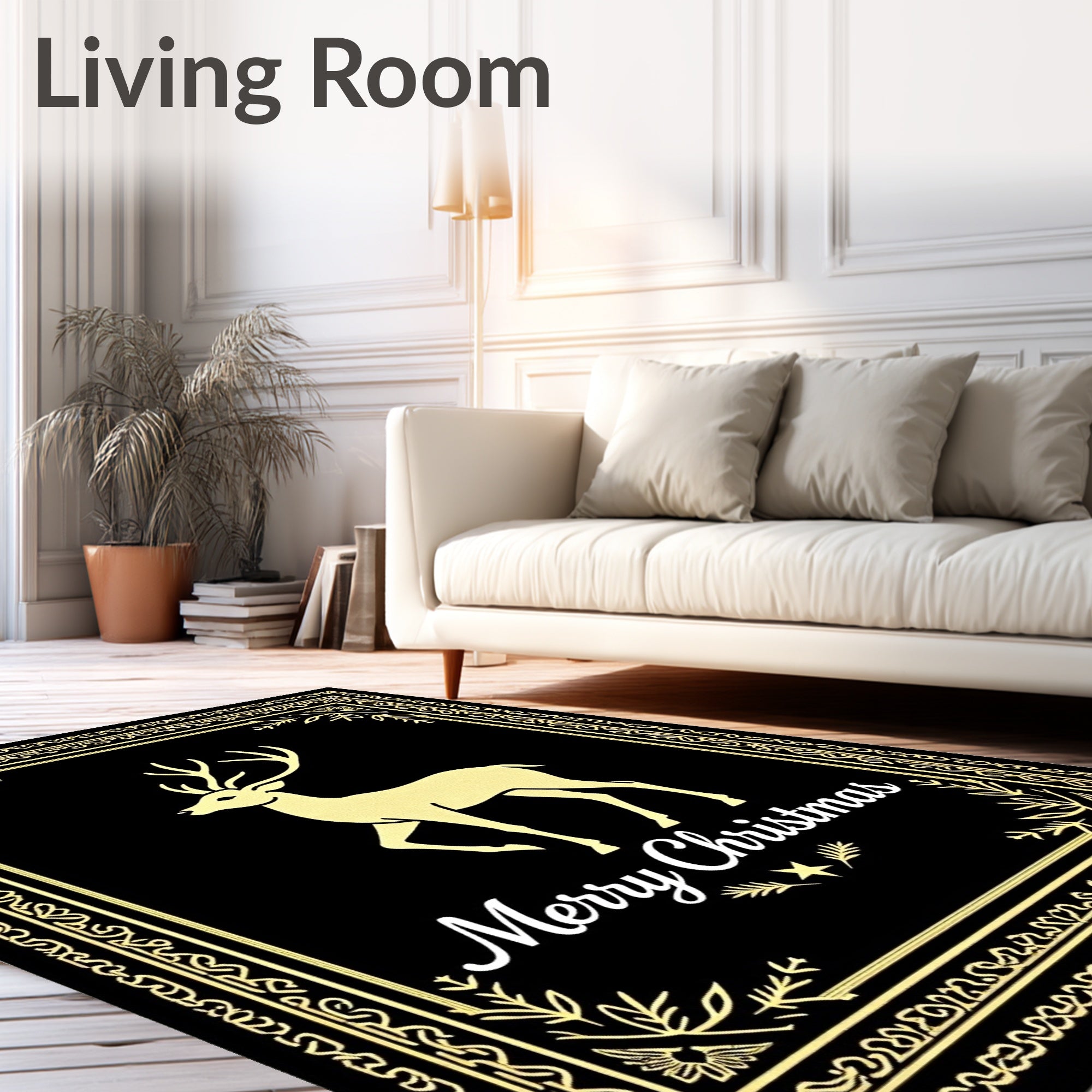 Golden Reindeer Festive Christmas Border Rug