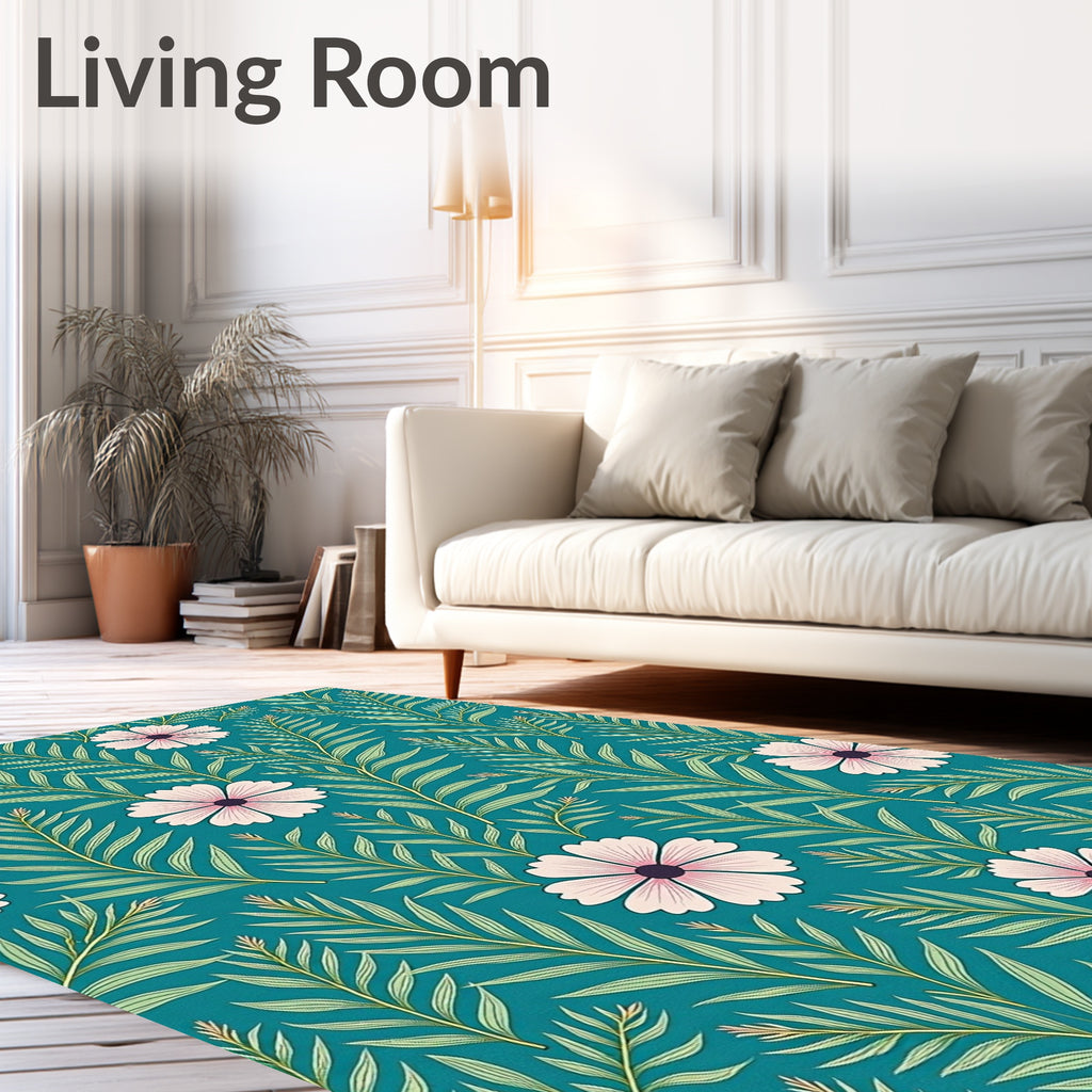 Teal Floral Tropical Leaf Rug