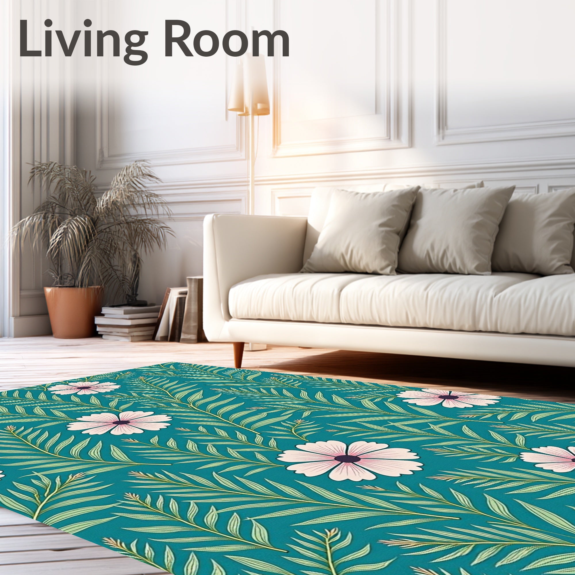 Teal Floral Tropical Leaf Rug