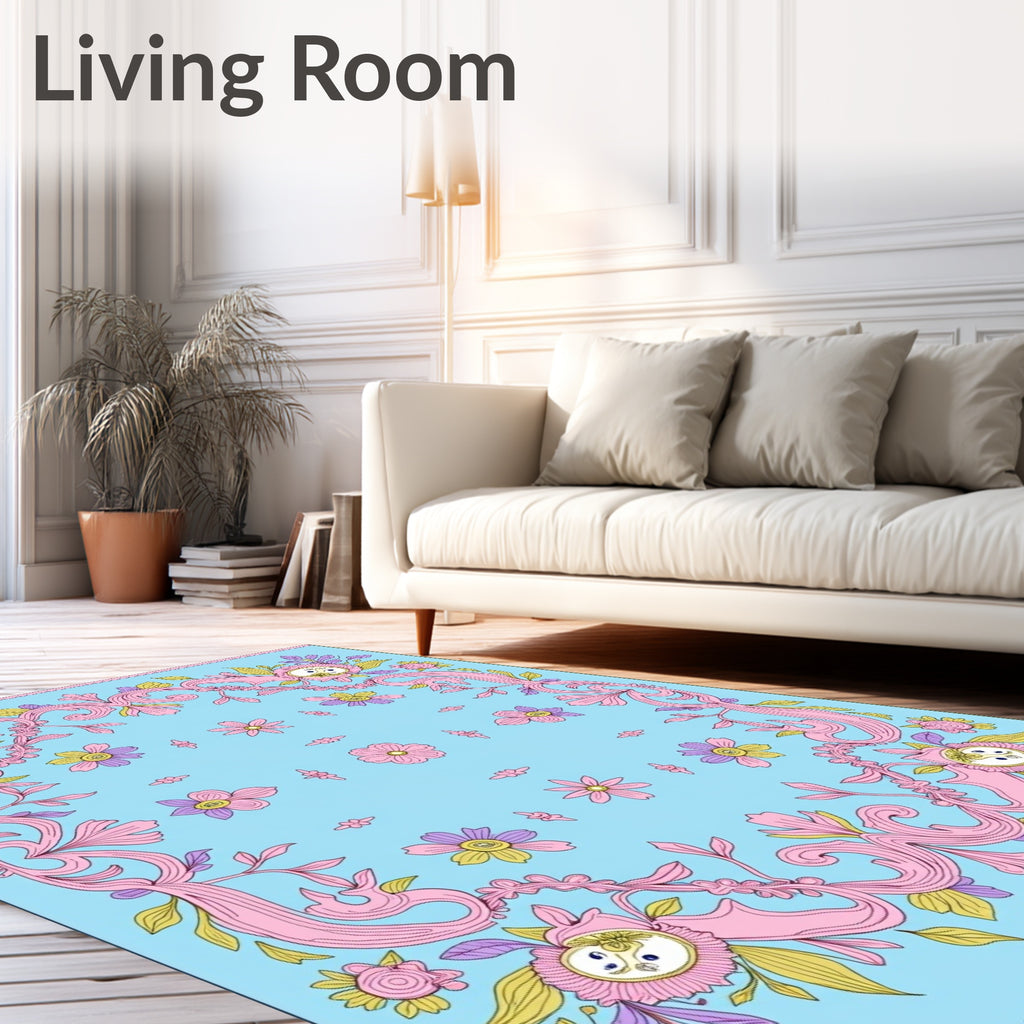 Whimsical Pink Floral Scrollwork Medallions Rug