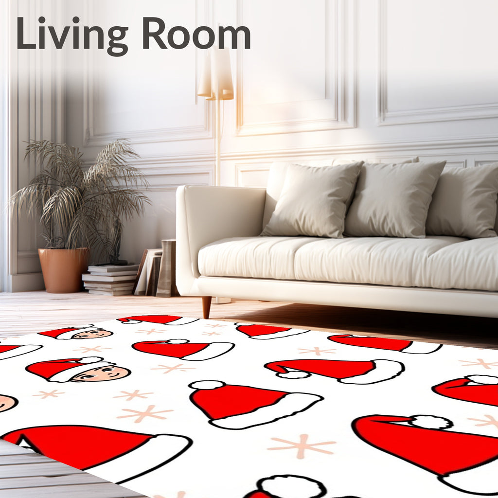 Christmas Santa Hat Faces Snowflakes Rug