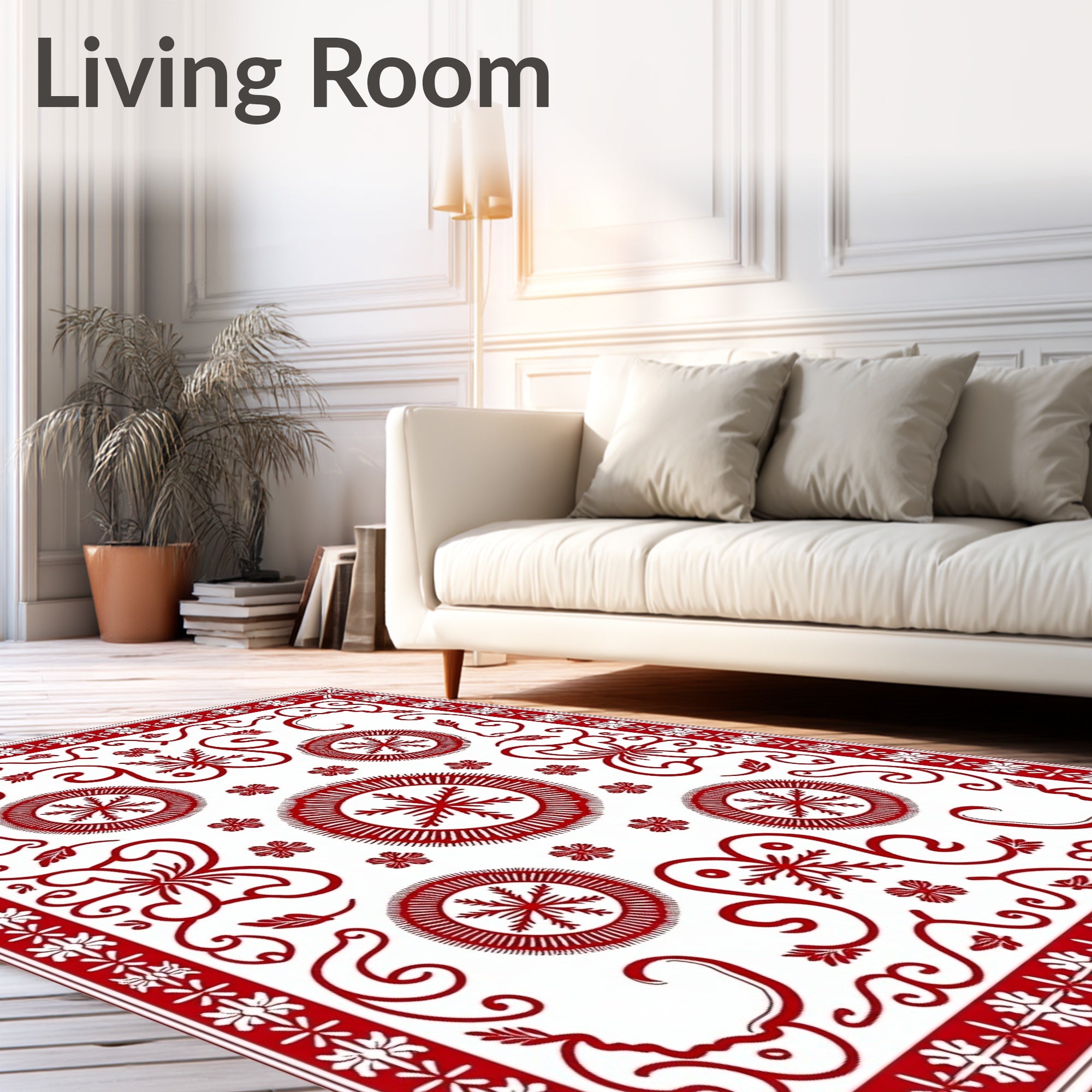 Red White Folk Snowflake Medallion Rug