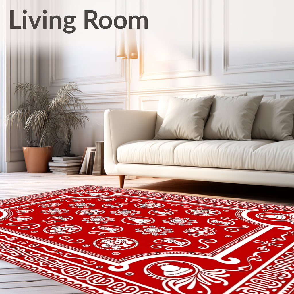 Red White Bell Floral Medallion Border Rug