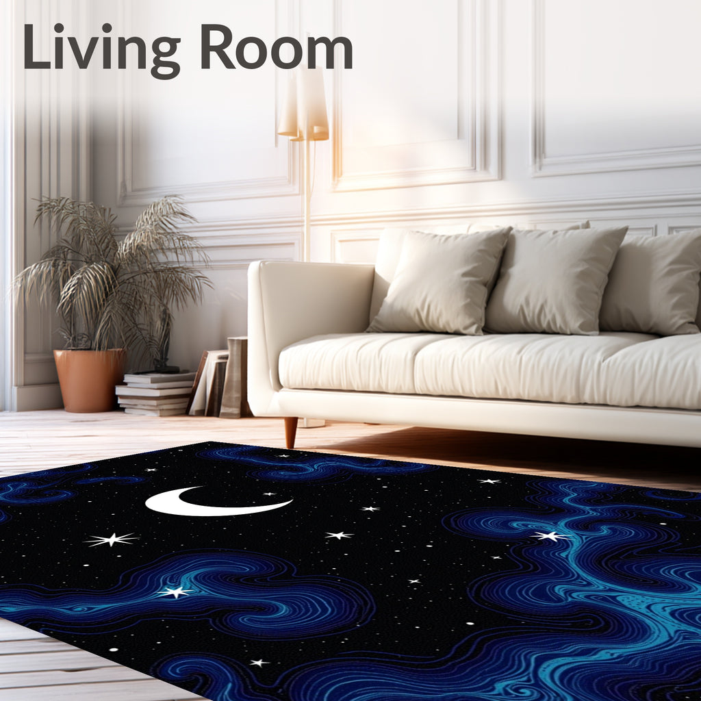 Celestial Blue Swirls Crescent Moon Rug