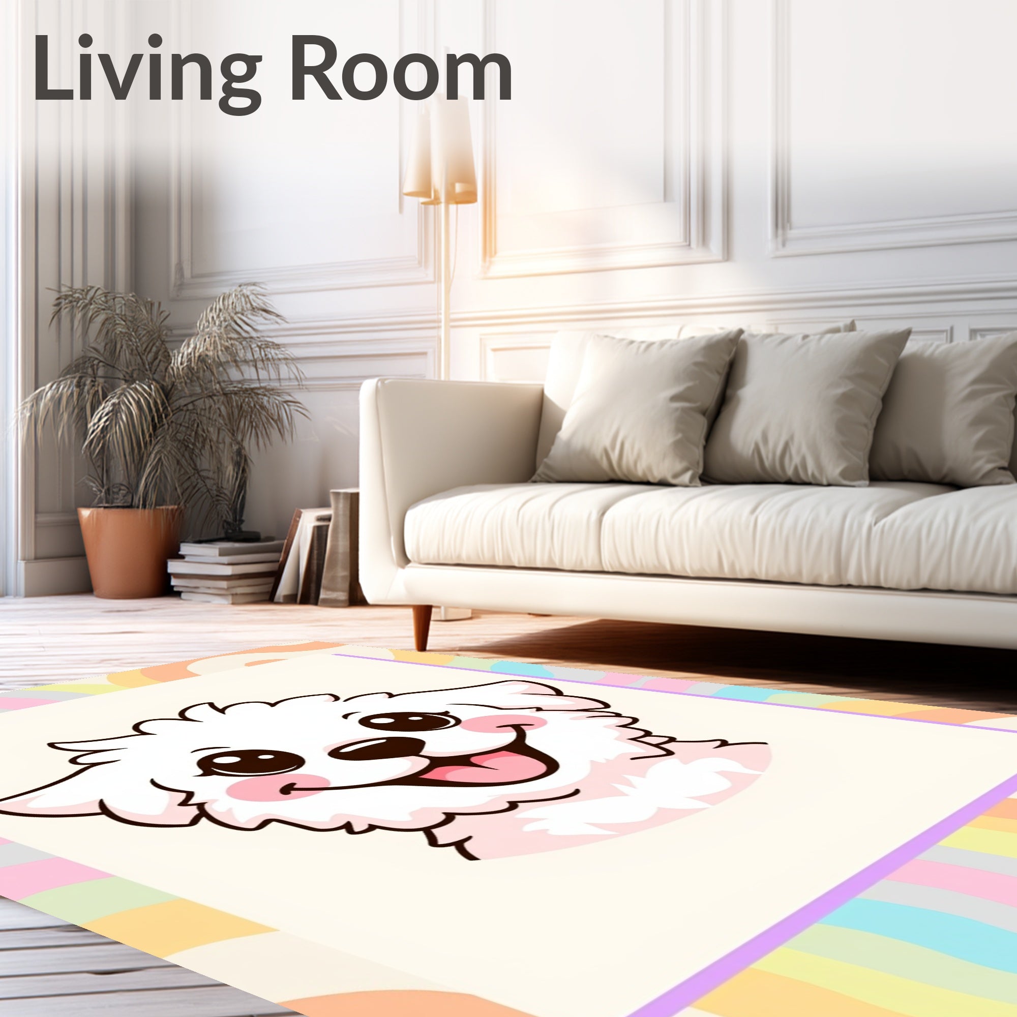 Kawaii White Fluffy Dog Pastel Waves Rug