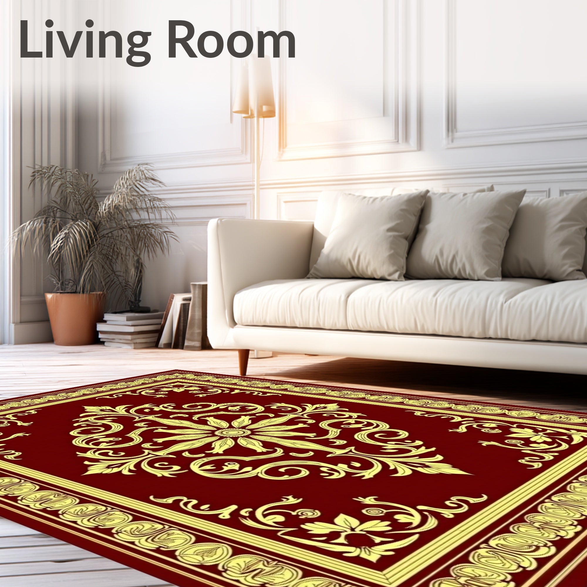 Ornate Crimson Gold Floral Medallion Layout Rug