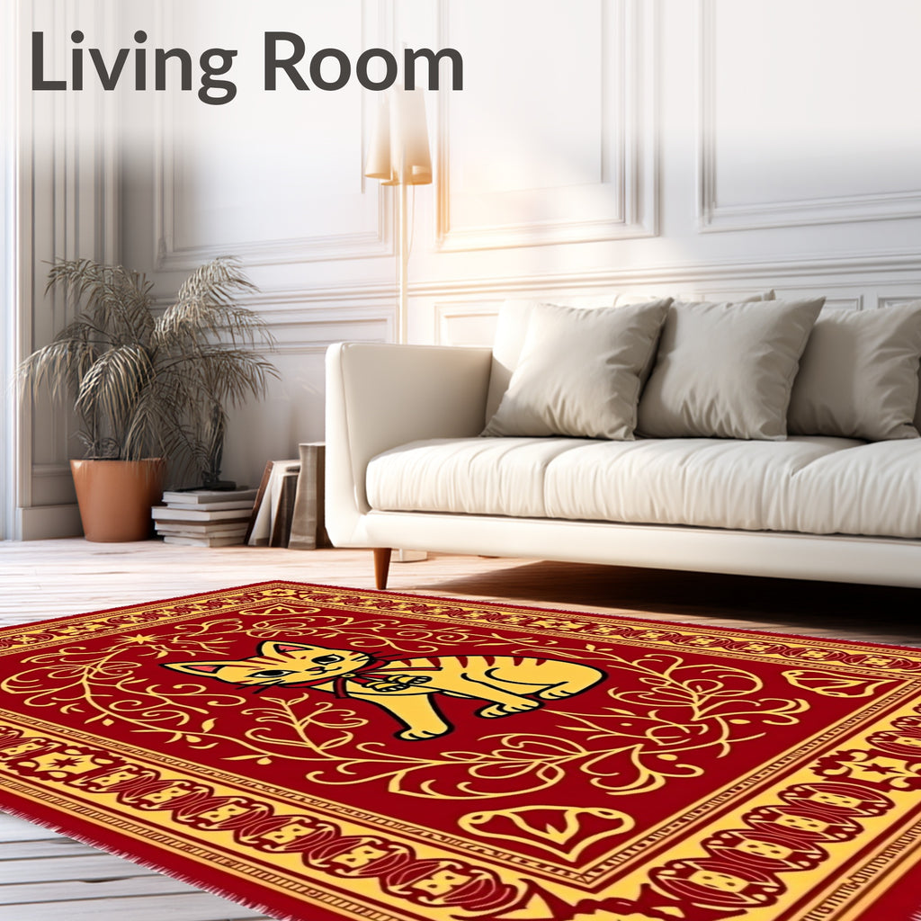 Golden Cat With Bells Red Rug