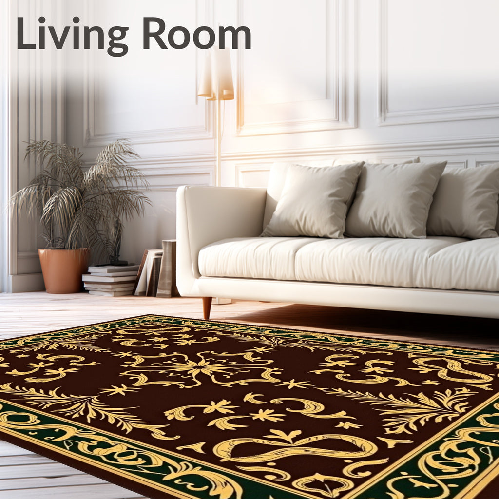 Dark Brown Gold Scroll Border Floral Rug