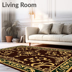 Dark Brown Gold Scroll Border Floral Rug