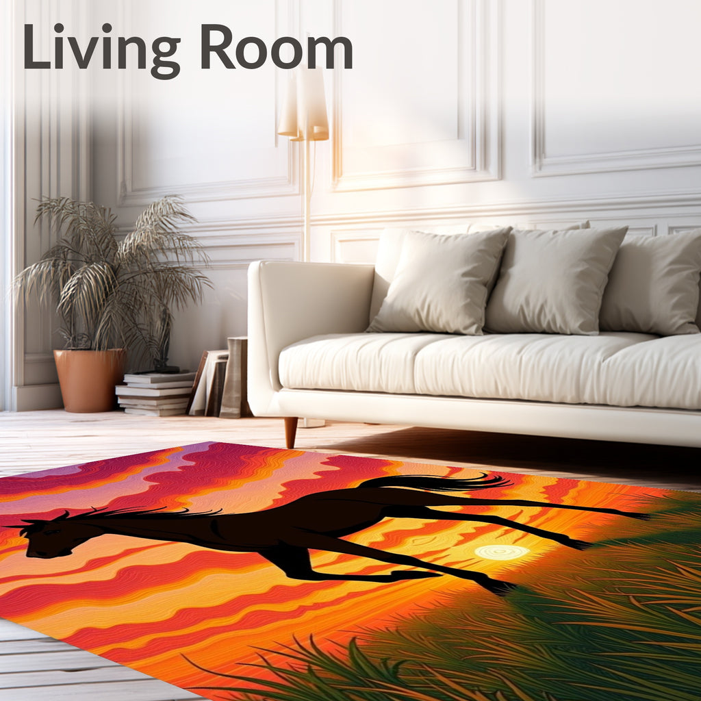 Sunset Horse Silhouette in Grassy Field Rug