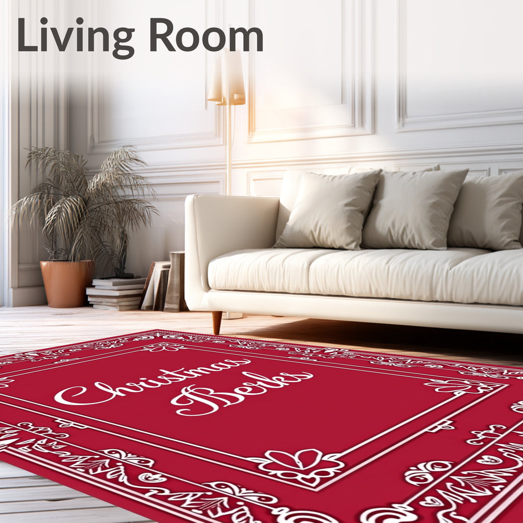 Crimson White Ornate Scrollwork Border Rug