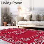 Crimson White Ornate Scrollwork Border Rug