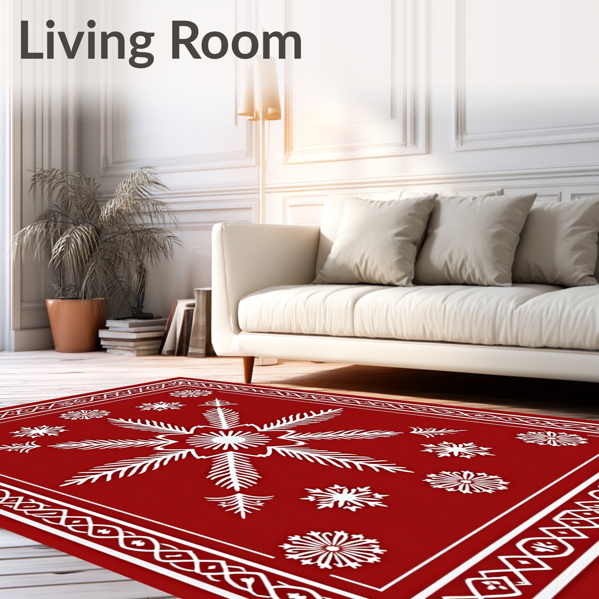 Crimson White Snowflake Starburst Rug
