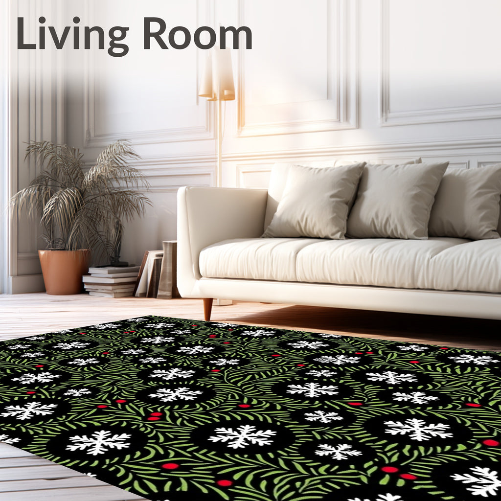 Winter Black Snowflake Green Berry Rug
