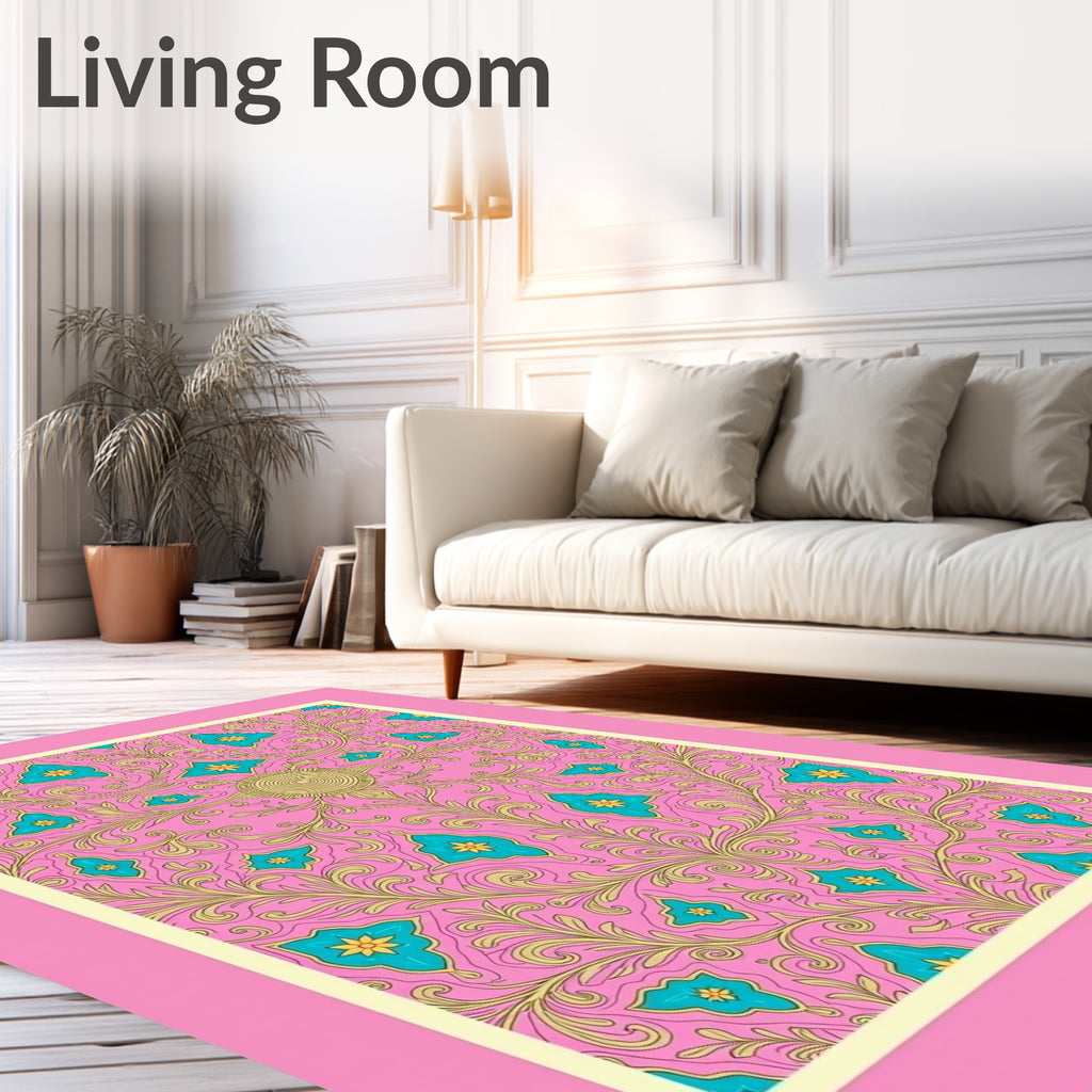 Pink Teal Golden Scroll Medallion Rug
