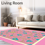 Pink Teal Golden Scroll Medallion Rug