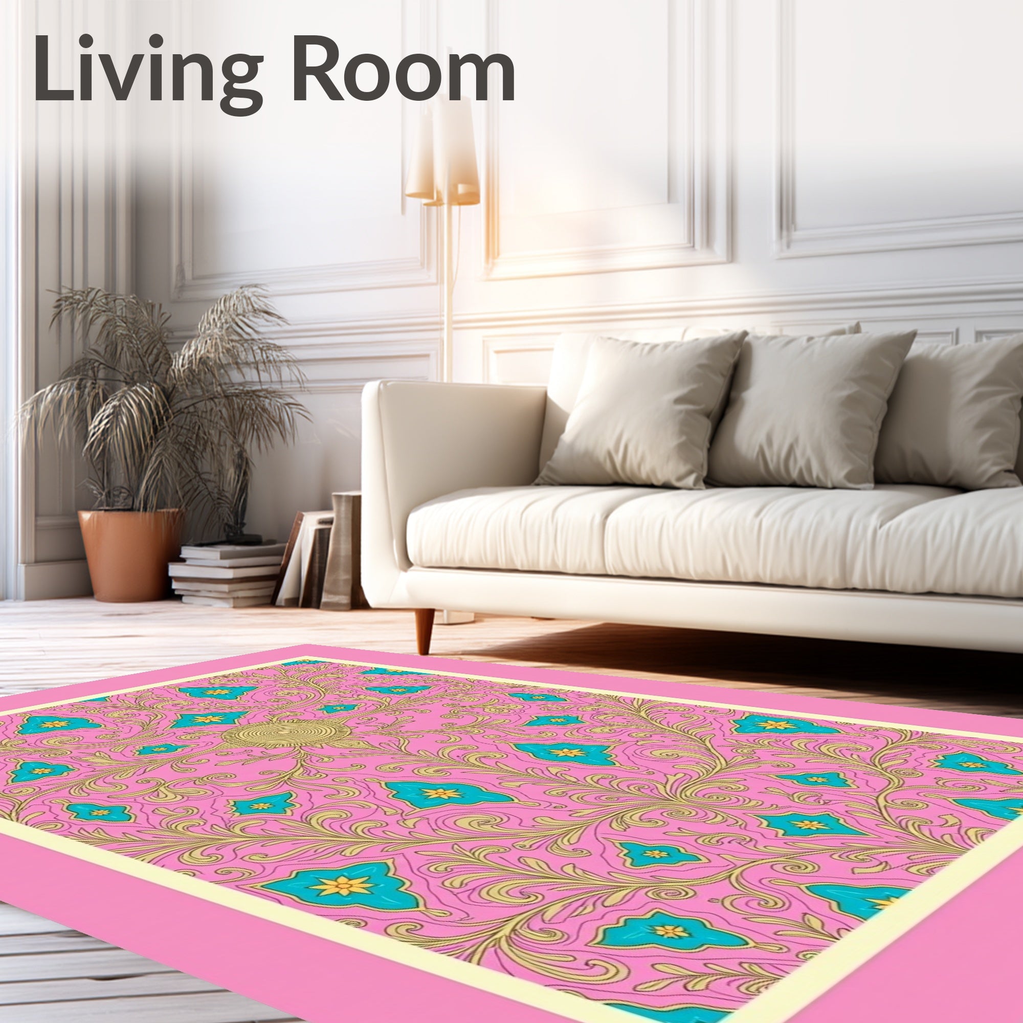 Pink Teal Golden Scroll Medallion Rug