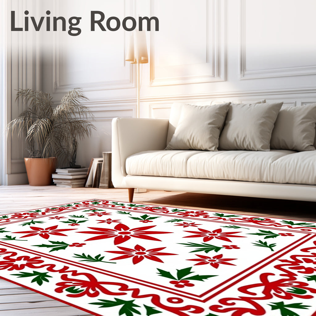 Festive Red Green Poinsettia Border Rug