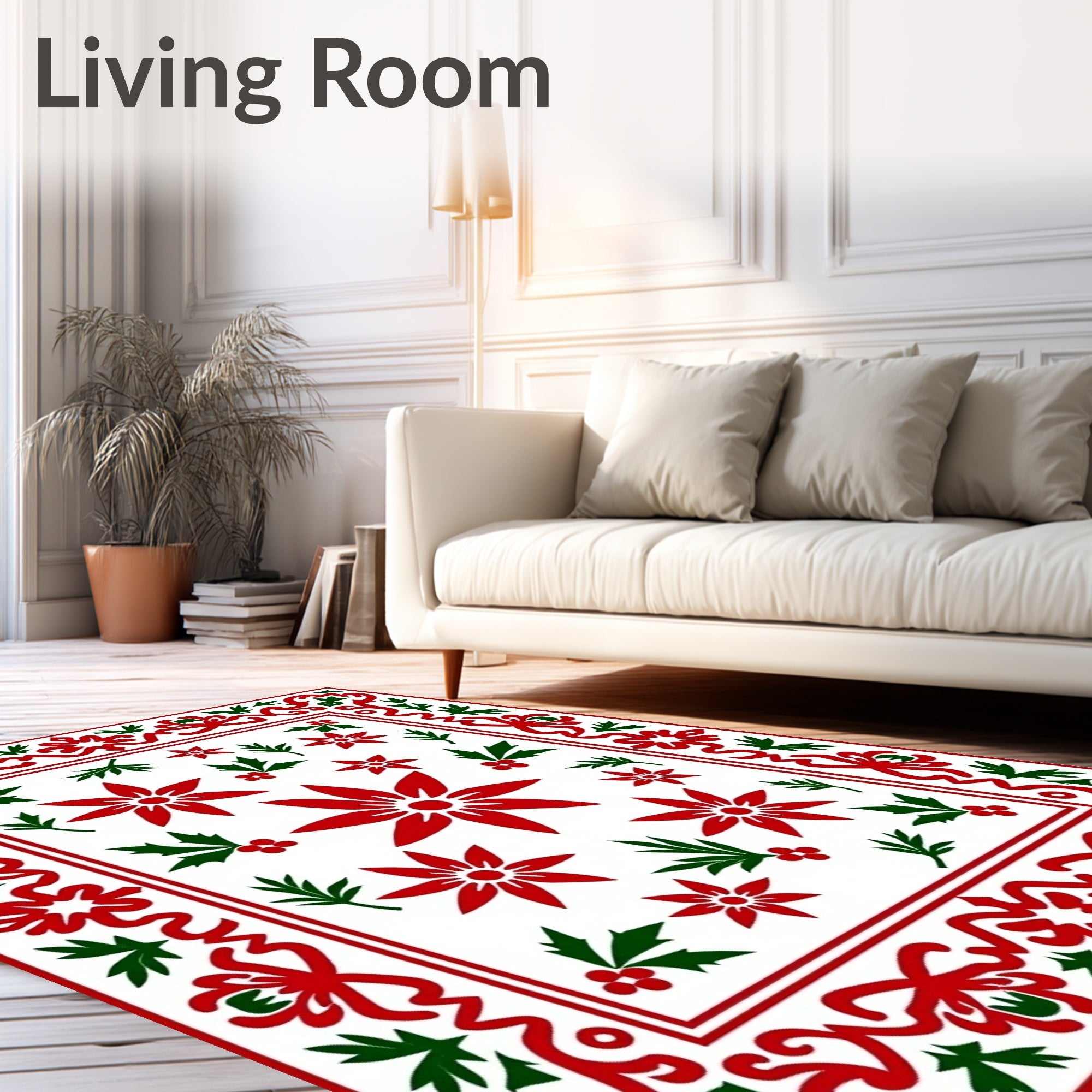 Festive Red Green Poinsettia Border Rug