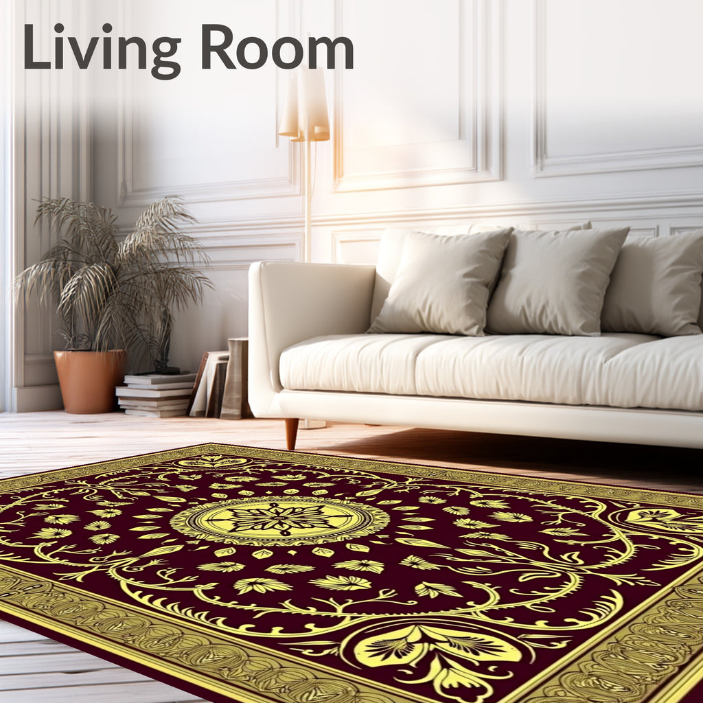 Burgundy Yellow Floral Medallion Border Rug