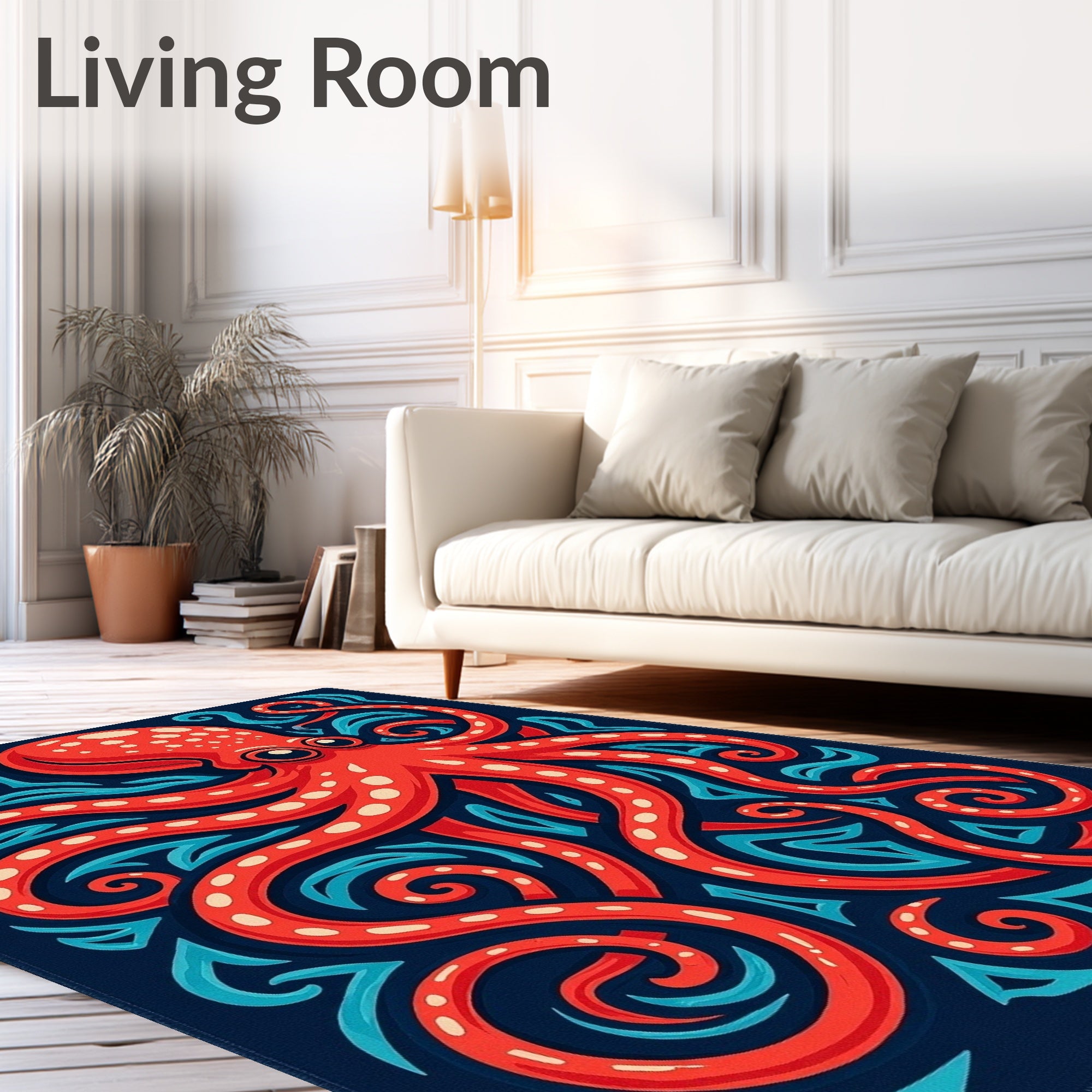 Bright Red Octopus Undersea Swirls Rug