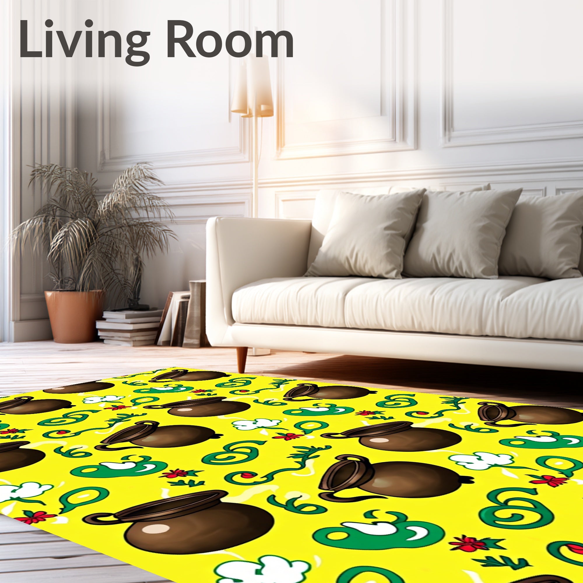 Charming Brown Cauldron Yellow Floral Rug