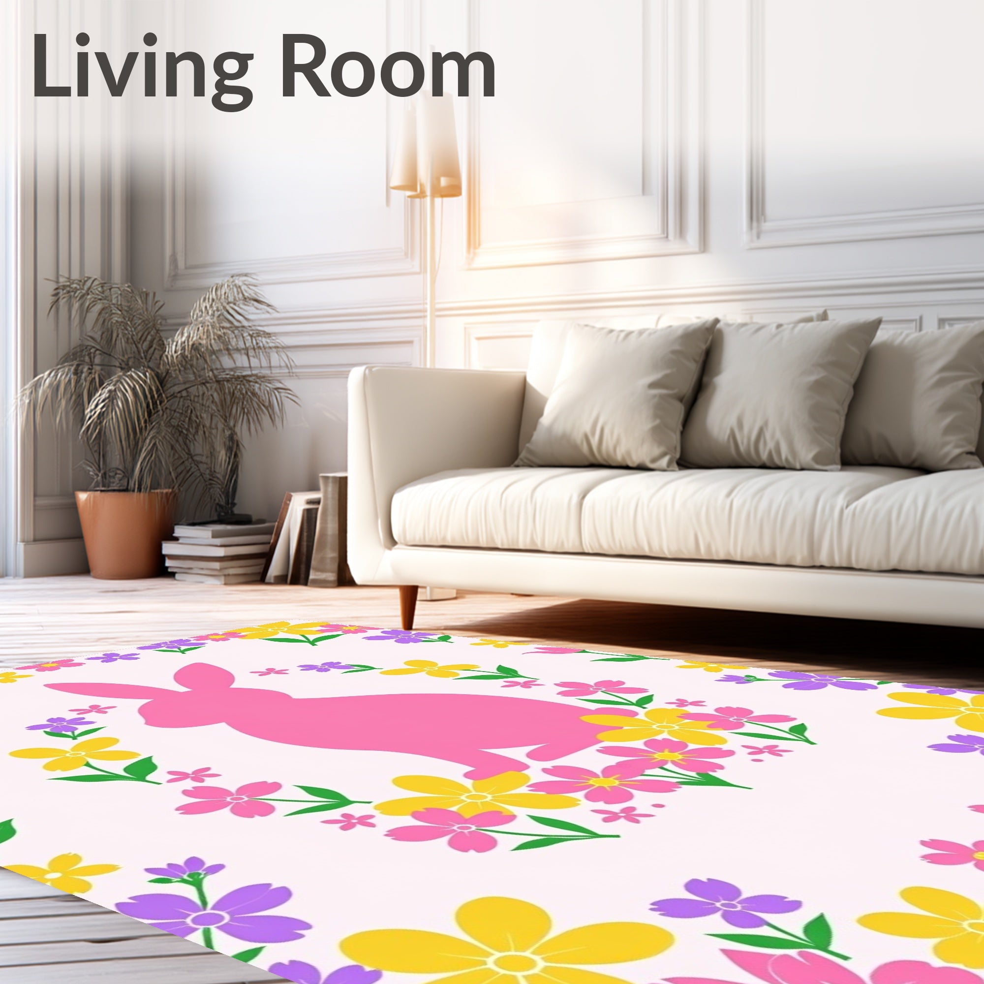 Pink bunny with colorful floral border Rug