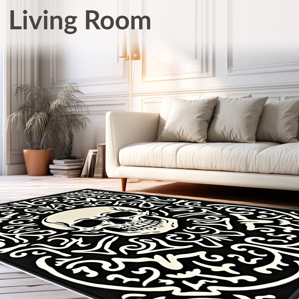 Black Ivory Skull Baroque Swirl Rug