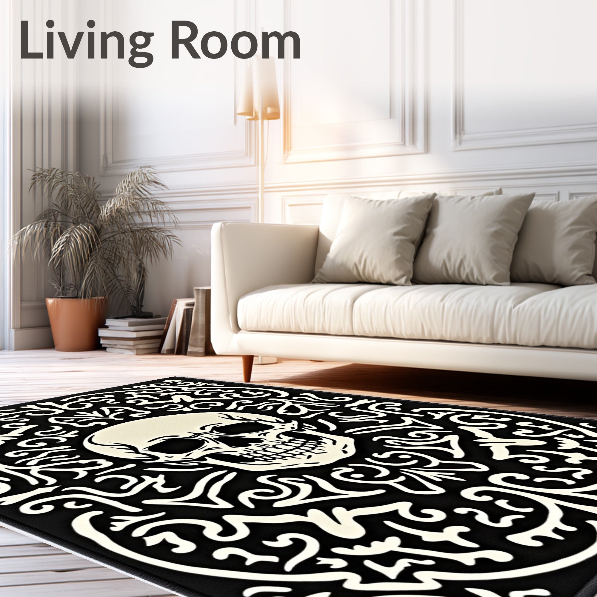 Black Ivory Skull Baroque Swirl Rug