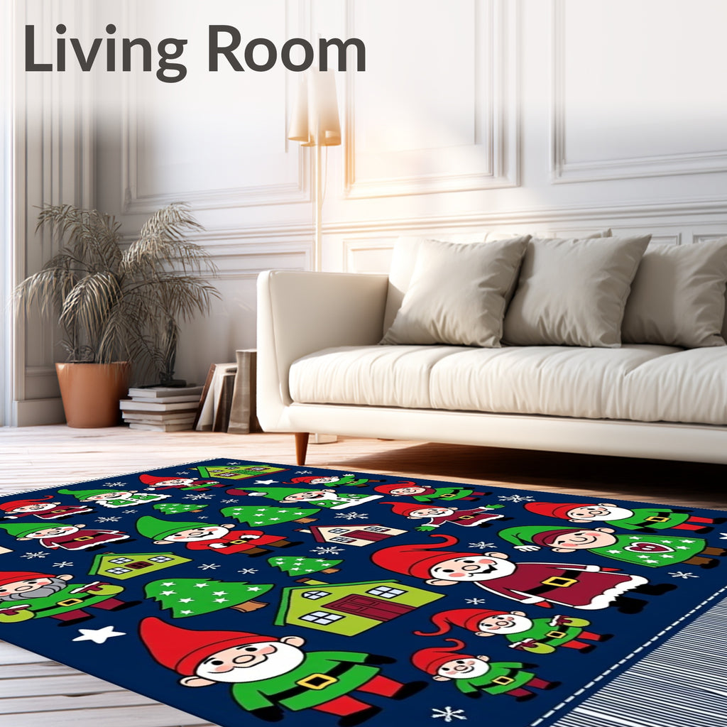 Festive Red Green Gnome Christmas Houses Rug