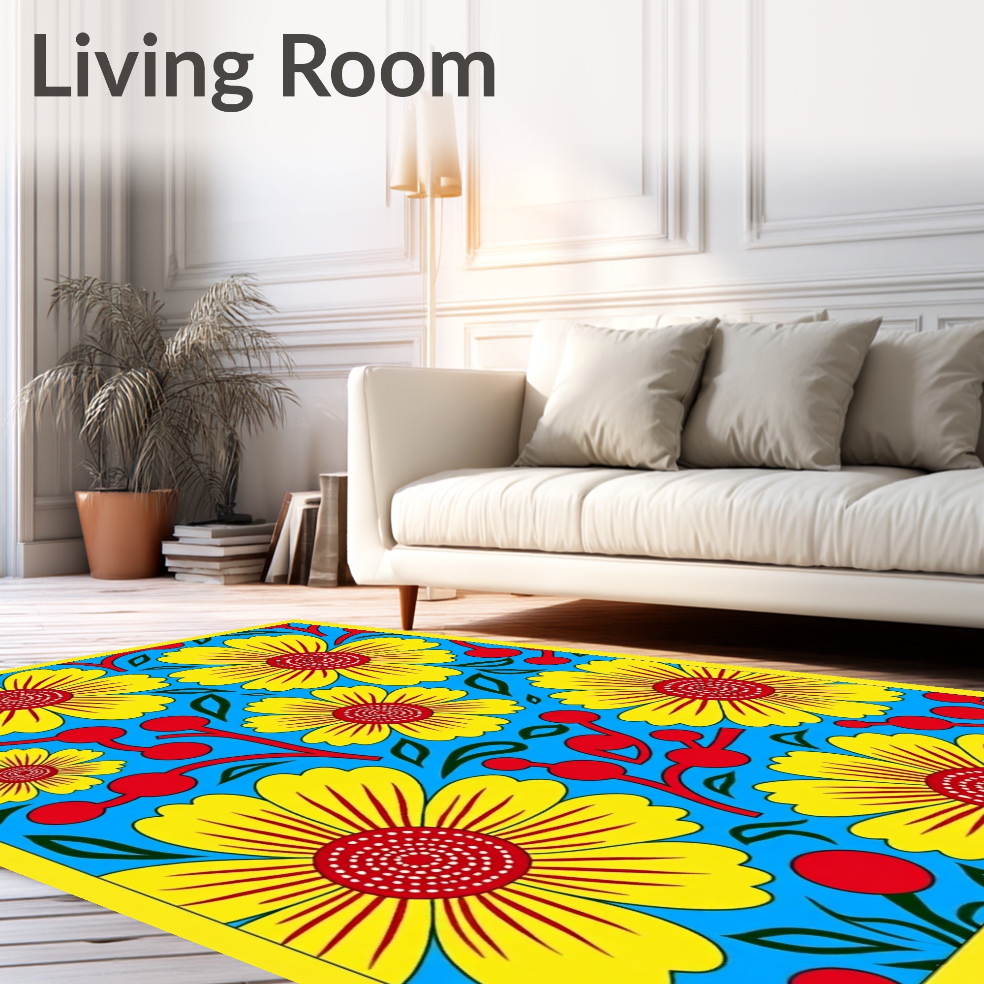 Vibrant Yellow Red Floral Burst Rug