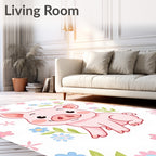 Whimsical Pink Piglet Floral Meadow Rug