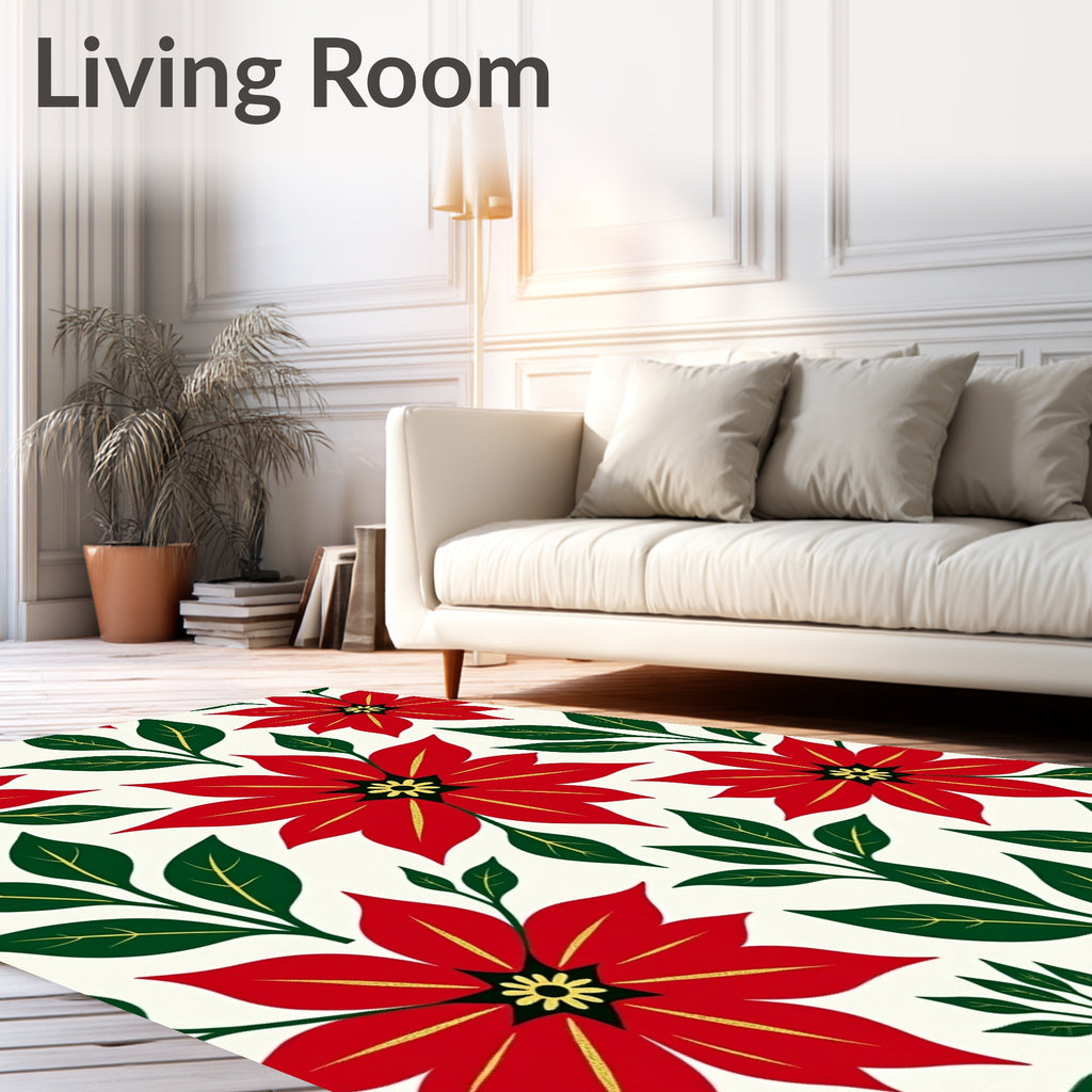 Festive Red Poinsettia Floral Sprigs Rug