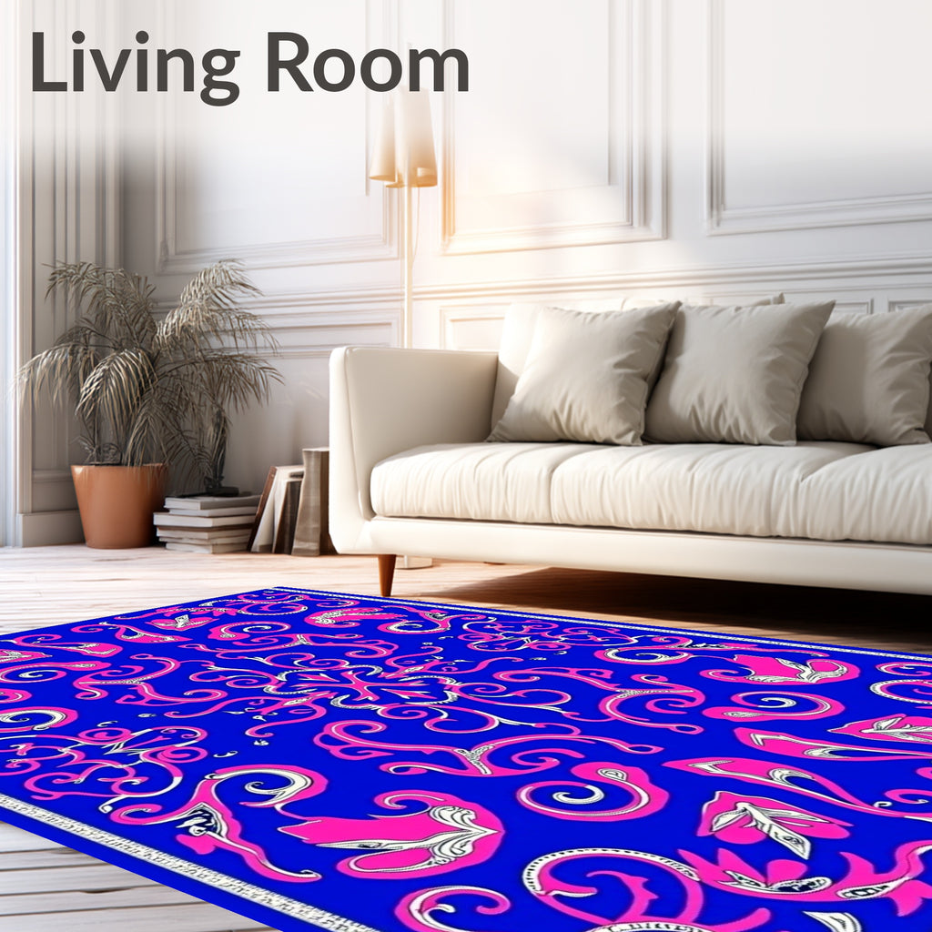 Vibrant Pink Swirls on Royal Blue Rug
