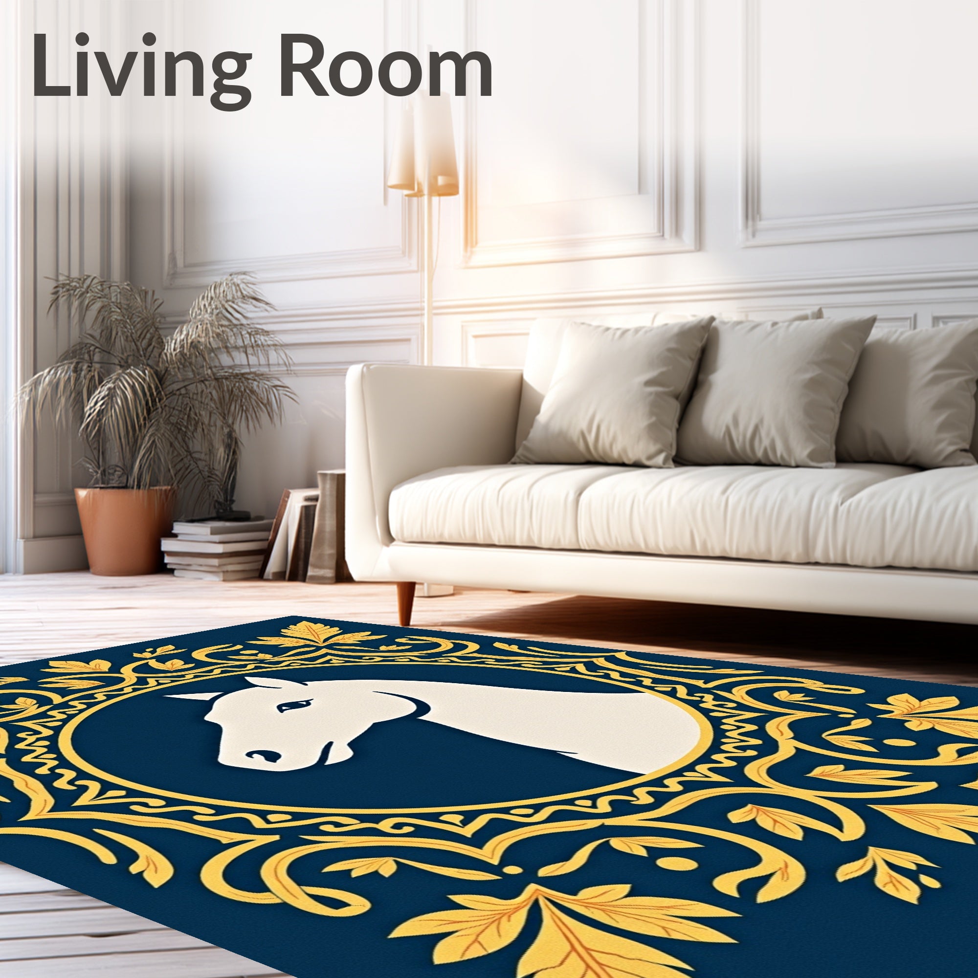 White Horse in Golden Crest Frame Rug