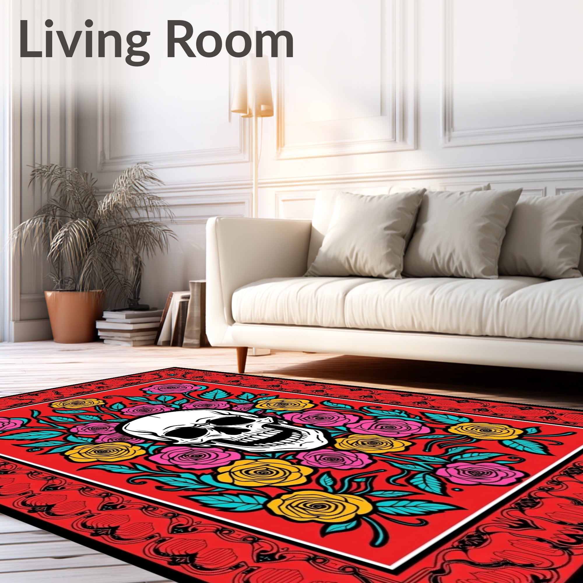 Crimson Skull Floral Border Rug