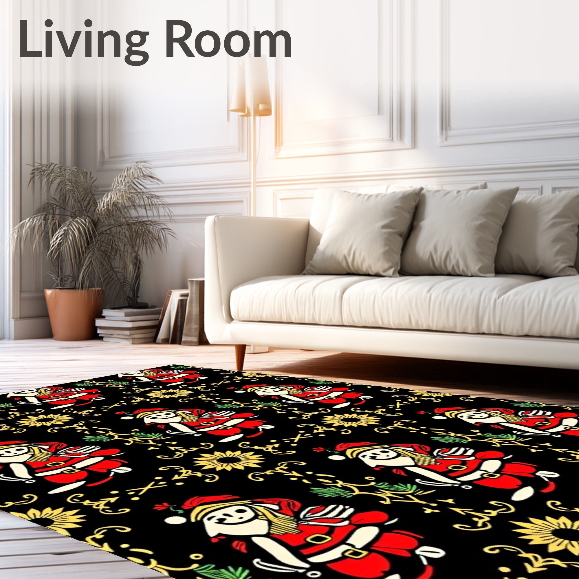 Vintage Black Red Whimsical Santa Elements Rug