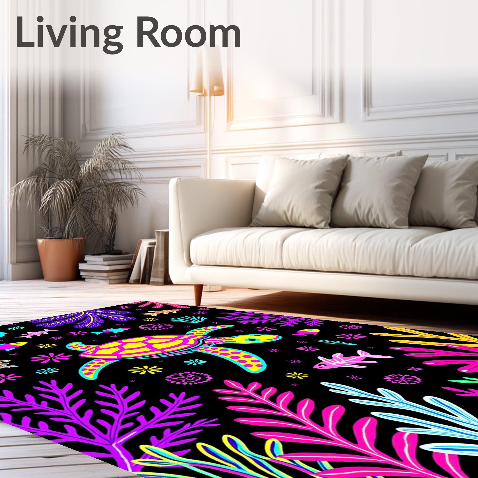 Whimsical Neon Turtle Sea Life Collage Rug