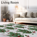 Green Pine Sprigs Red Berries Accents Rug