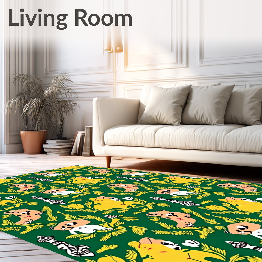 Whimsical Animals and Foliage on Green Rug