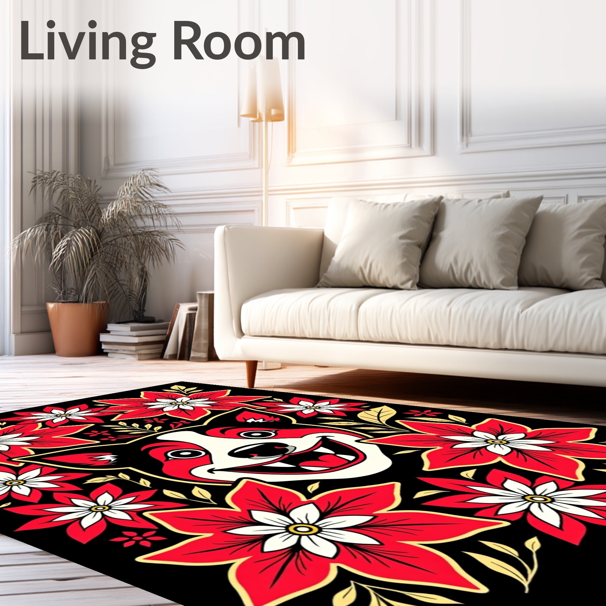 Joyful Dog Red Floral Whimsical Rug
