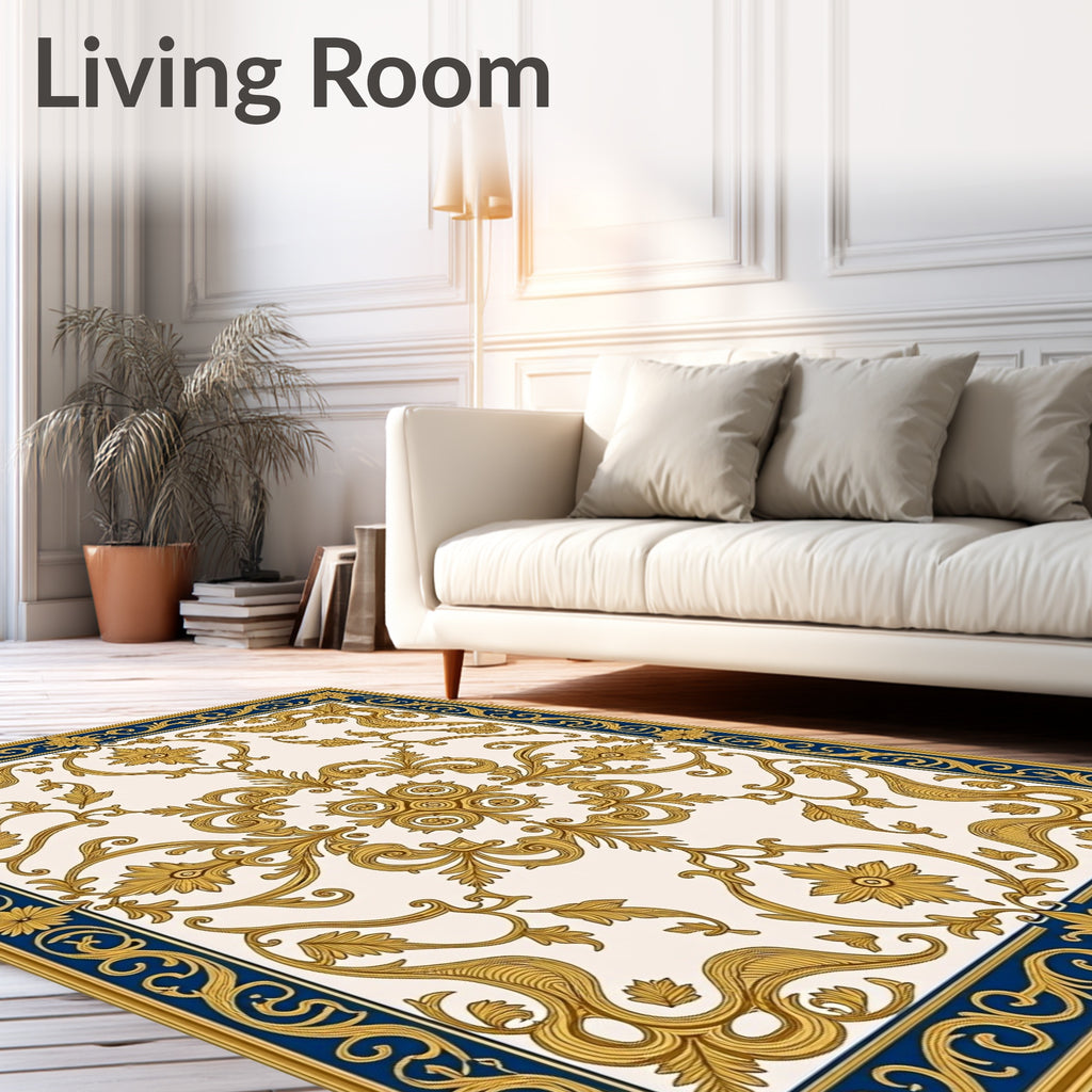 Golden Royal Blue Baroque Scroll Rug