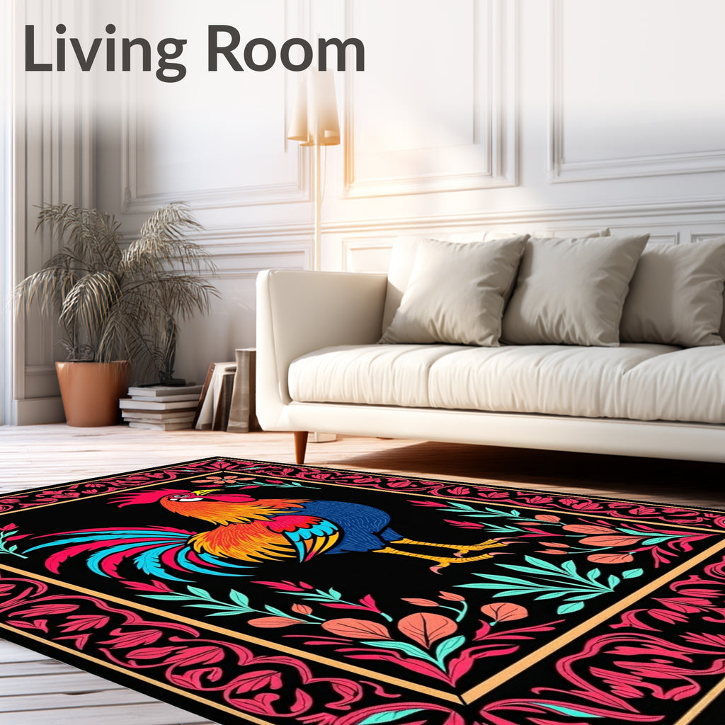 Vibrant Rooster Floral Scroll Border Rug